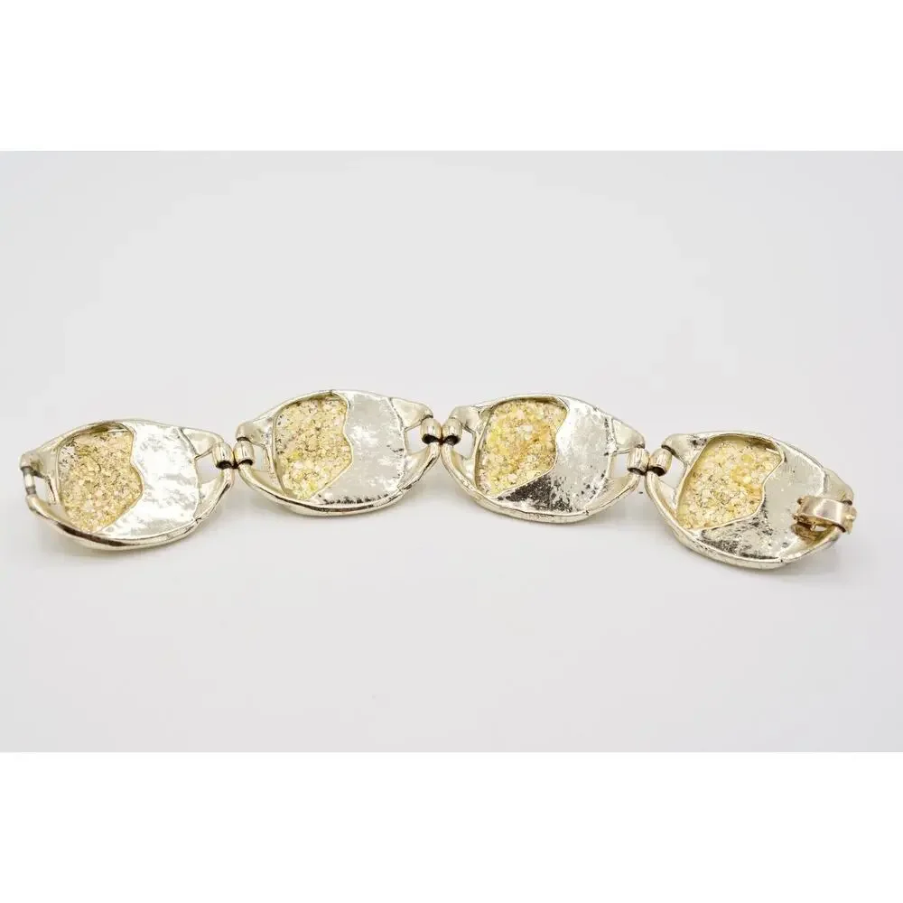 Vintage Lucite Cabochon Bracelet Bold Holographic Foil Silver Chunky 1960s Bin8
